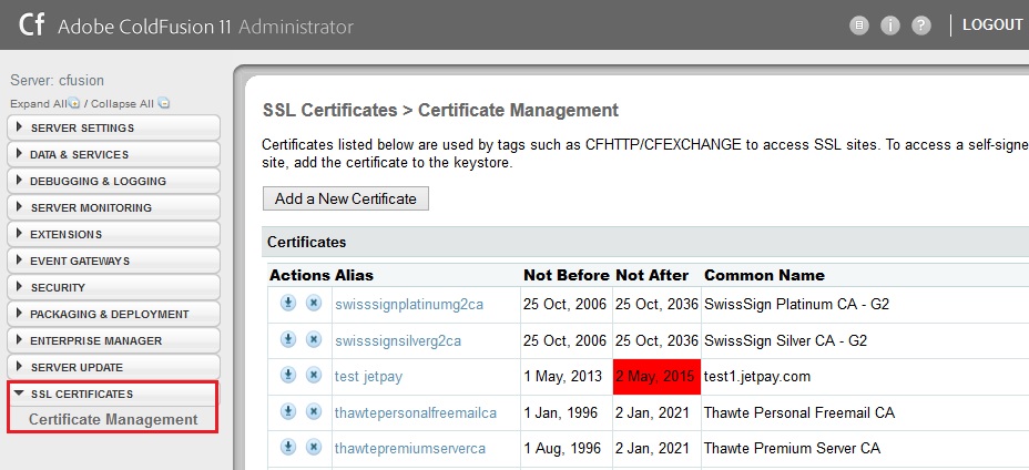 imported SSL certificates list in ColdFusion