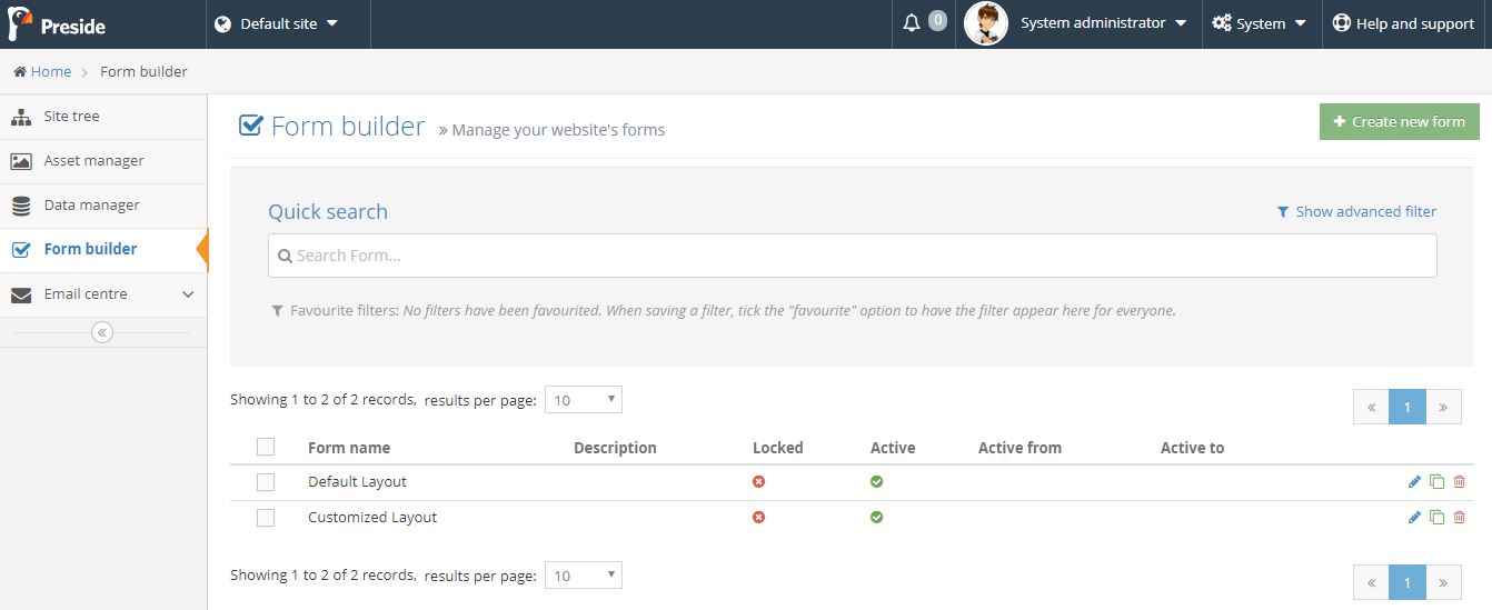 presidecms form builder new forms